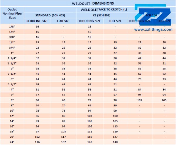 Weldolet Standard Sizes