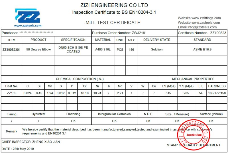 316 Stainless Steel Elbow Certificate